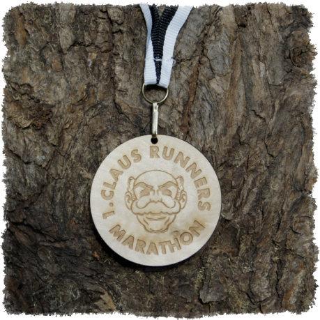 Sperrholzmedaille, Holzmedaille rund 55 mm, 1. Claus Runners Marathon 2020